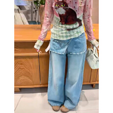 批发欧货假两件磨破阔腿牛仔<b class='q'>裤</b>女秋季高腰显瘦百搭直筒宽松拖地<b class='q'>裤</b>