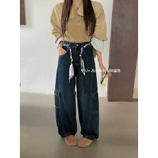 批发秋季新款<b class='q'>个性</b>小众口袋设计感宽松高腰显瘦直筒弯刀工装阔腿<b class='q'>牛仔裤</b>