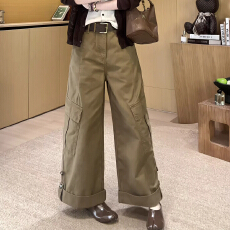 批发美式卡其色工装风阔腿裤女2026秋季新款大口袋卷边松弛感<b class='q'>休闲</b>裤