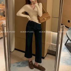 高腰牛仔裤女双扣微喇九分显高原牛色