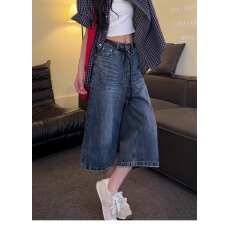 批发美式复古高腰七分阔腿裤<b class='q'>女</b>秋季辣妹时髦牛仔短裤洋气百搭直筒中裤