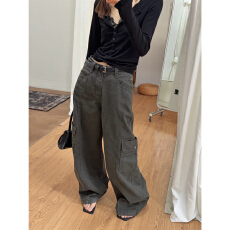 批发NRXJ 复古军绿色时髦随意慵懒休闲工装裤<b class='q'>女</b>秋新款阔腿牛仔裤<b class='q'>长裤</b>