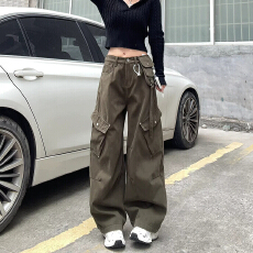 批发美式军绿色阔腿工装<b class='q'>裤</b>子女2026新款秋季新款宽松显瘦直筒弯刀<b class='q'>裤</b>
