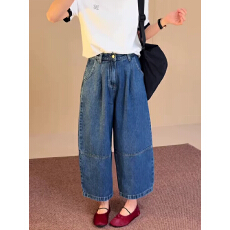 批发深蓝色宽松直筒阔腿牛仔<b class='q'>裤</b>女2026秋季新款小个子休闲<b class='q'>百搭</b>九分<b class='q'>裤</b>子