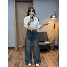 批发Jeans61589 秋季新款女阔腿拼色<b class='q'>牛仔裤</b>时尚高腰<b class='q'>显瘦</b>百搭直筒长裤N