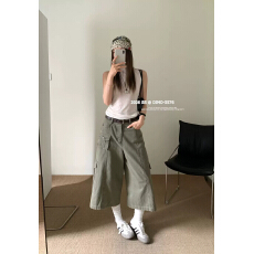 批发欧货5576正品美式工装<b class='q'>七分</b>阔腿裤女高腰大口袋休闲宽松八分裙裤夏