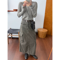批发1560高腰开叉大口袋工装半身裙女<b class='q'>秋</b>显瘦中长款A字裙一步裙
