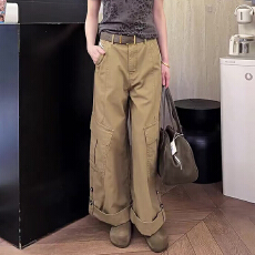 批发复古卡其色工装牛仔裤女2026年秋季新款宽松多口袋休闲九分直筒裤
