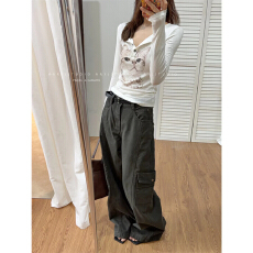 批发轻工装风多口袋休闲裤女2026年秋季新款后高腰显瘦直筒阔腿裤