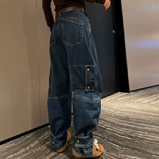 批发美式多口袋工装牛仔裤女2026春<b class='q'>秋</b>新款高腰宽松阔脚裤休闲拖地长裤