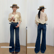 批发2026秋季新款倩小妞21034<b class='q'>韩版</b>双腰带设计显瘦四面弹女牛仔喇叭裤