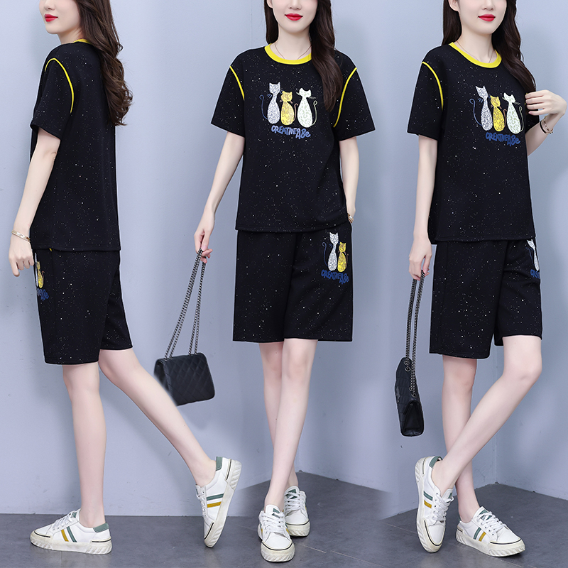 RY1847# 夏日休闲运动套装2026新款可爱小猫短袖T恤短裤减龄气质两...