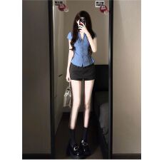 批发美式学院风蓝色短袖正肩衬衫女夏季2025辣妹修身掐腰短款上衣小衫