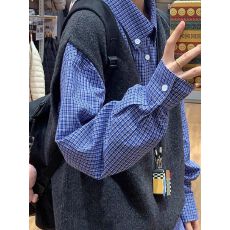 批发少年感蓝色格子<b class='q'>衬衫</b>叠穿内搭日系复古上衣长袖打底<b class='q'>衬衣</b>外套<b class='q'>男</b>女款