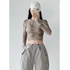 批发1*1 260克人棉莫代尔】<b class='q'>欧美</b>街头长袖高腰修身圆领露脐扎染上衣女