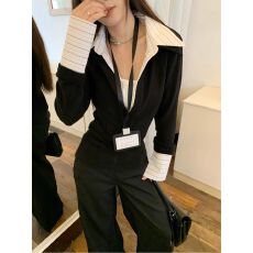 批发德绒280克假两件拼接翻领长袖针织女春秋收腰修身显瘦