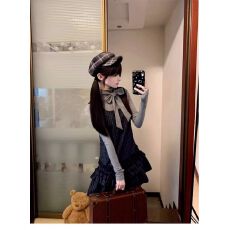 批发韩系学院风格纹背带<b class='q'>连衣裙</b>子女2025早秋新款蝴蝶结立领长袖套装裙