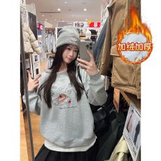 批发实拍大码女装200斤<b class='q'>卫衣</b>女冬季新款中长宽松卡通刺绣圆领保暖上衣