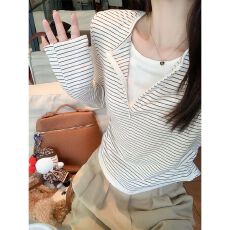 批发原版面料美式假两件条纹长袖t恤女秋设计感修身内搭短款别致<b class='q'>上衣</b>