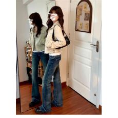 批发美式复古拼接设计麂皮外套女修身短款机车<b class='q'>夹克</b>上衣秋冬<b class='q'>新款</b>