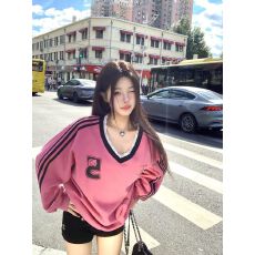 批发纯棉华棉加绒美式卡通印花V领球衣甜美宽松蕾丝拼接卫衣女