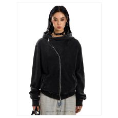 批发<b class='q'>秋</b>冬连帽斜拉链卫衣女修身百搭显瘦设计感翻领美式开衫外套上衣