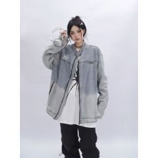 批发潮流古着破洞渐变牛仔外套男款立领宽松美式<b class='q'>街头</b>拉链做旧水洗夹克