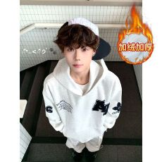 批发官图特价大码女装男卫衣加绒秋冬新款中长宽松刺绣花连帽保暖上衣