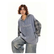 批发美式格纹拼接做旧连帽衫卫衣男女秋季<b class='q'>街头</b>宽松休闲开衫外套