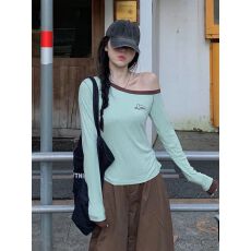 批发【实价】韩系辣妹风斜领露肩长袖T恤女修身显瘦休闲百搭上衣