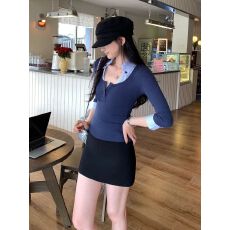 批发【实价】<b class='q'>假两件</b>打底衫上衣纯欲气质撞色条纹<b class='q'>衬衫</b>领长袖T恤潮