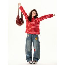 批发【实价】韩系穿搭条纹拼接长袖T 恤女百搭宽松打底衫休闲上衣