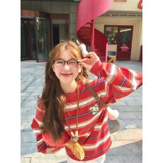 批发【实价】小狗刺绣条纹纯棉长袖t恤女设计感宽松圆领上衣打底衫