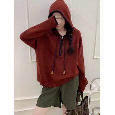 批发【实价】学院风撞色半拉链连帽毛衣女宽松慵懒加厚打底针织衫