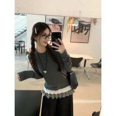 T1*1德绒花边拼接撞色圆领长袖T恤女冬韩系设计感宽松内搭上衣