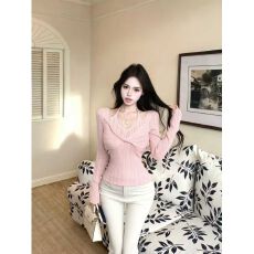 批发官图特价包芯纱长袖针织打底衫女装春秋短款扭结挂脖<b class='q'>V领</b>韩版上衣