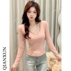 批发官图特价270克慕斯羊绒长袖<b class='q'>t</b><b class='q'>恤</b>打底衫女春秋内搭甜美蕾丝<b class='q'>V领</b>上衣