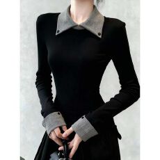 批发官图特价260克螺纹磨毛长袖<b class='q'>t</b><b class='q'>恤</b>打底衫春秋薄女纯色假两件<b class='q'>翻领</b>上衣