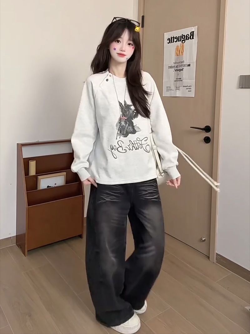 경관 그림 특별 가격 순수한 Mianhua 면 복합 우유 실크 후드티 여성 의류 트렌디 봄 가을 새로운 얇은 스타일 루즈핏 라운드 넥 맨위
