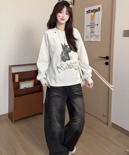 경관 그림 특별 가격 순수한 Mianhua 면 복합 우유 실크 후드티 여성 의류 트렌디 봄 가을 새로운 얇은 스타일 루즈핏 라운드 넥 맨위