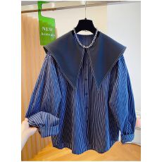 批发胖mm<b class='q'>大码</b>长袖衬衫女<b class='q'>秋装</b>宽松条纹衬衣大翻领海军领上衣