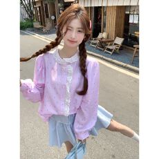 批发波点蕾丝粉色<b class='q'>条纹</b>长袖<b class='q'>衬衫</b>女2025夏季甜美花边领泡泡袖设计感上衣