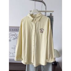 批发小马刺绣<b class='q'>长袖</b>纯棉奶黄色衬衫女春夏韩系宽松大码松弛上衣防晒外套