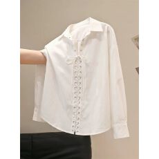批发韩系白色超好看绑带门襟<b class='q'>长袖</b>衬衫女春秋季别致独特小众设计感上衣