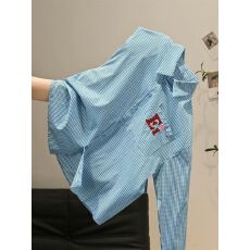 批发美式多巴胺刺绣格子衬衣外套女春季设计感小众超好看<b class='q'>长袖</b>衬衫上衣