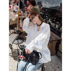 批发慵懒设计感宽松小清新印花<b class='q'>长袖</b>衬衫女春秋新款白色防晒衬衣外套