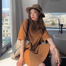 批发实拍【200克<b class='q'>纯棉</b>连肩后包领】<b class='q'>连衣裙</b>女宽松百搭中长款短袖女潮