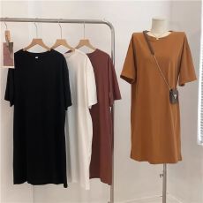 批发实拍200克<b class='q'>纯棉</b>连肩后包领<b class='q'>连衣裙</b>女宽松百搭中长款短袖女