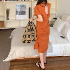 批发实拍40支92棉8氨纶夏季新款小心机露背长款<b class='q'>连衣裙</b><b class='q'>开叉</b>过膝扭结