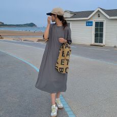 批发实拍复古慵懒风圆领宽松<b class='q'>开叉</b>长款短袖T恤<b class='q'>连衣裙</b>女